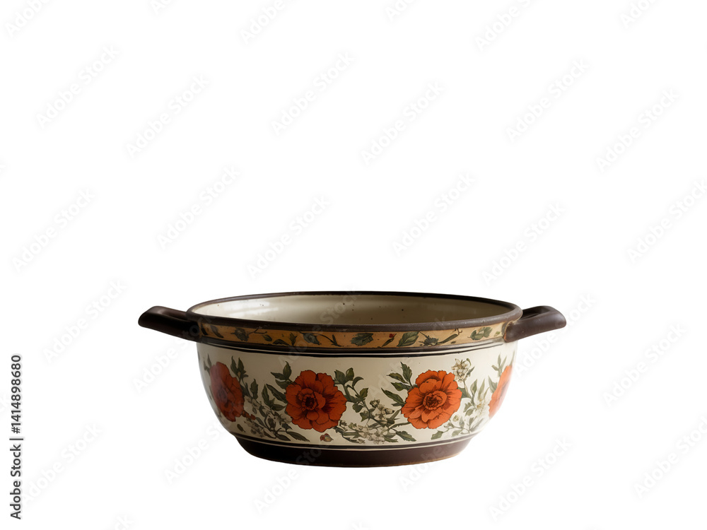 Detailed View of a Vintage Pot Holder with Floral Patterns and Two Handles on Isolated Offering a Nostalgic and Artistic Kitchenware Image