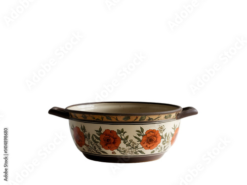 Obraz na płótnie Detailed View of a Vintage Pot Holder with Floral Patterns and Two Handles on Isolated Offering a Nostalgic and Artistic Kitchenware Image w salonie