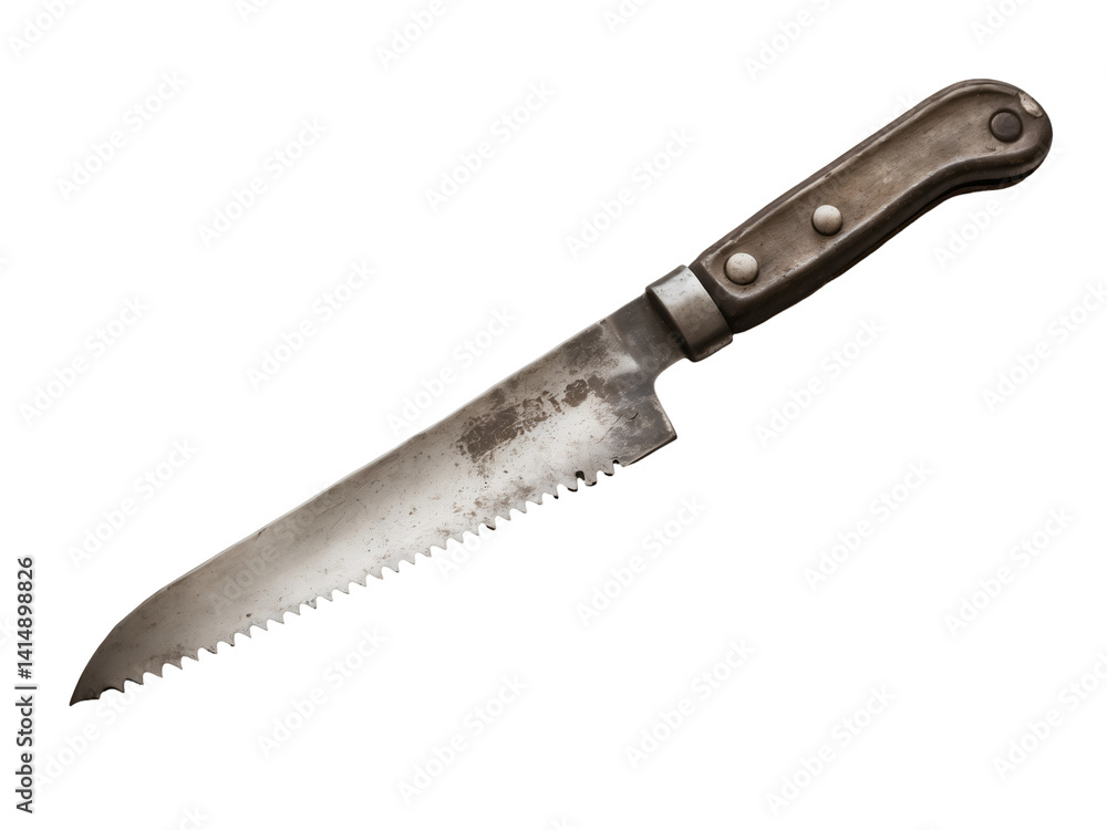 Detailed view of an aged bread knife showcasing its serrated edge and worn handle, presented against a stark isolating setting to highlight its rustic character