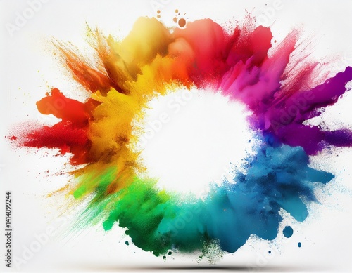 rainbow powder burst circular frame white background