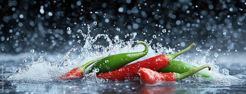 Close-up view of fresh red and green chili peppers with drops of water against a dark background