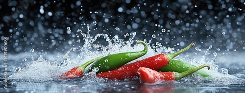 Obraz na płótnie Close-up view of fresh red and green chili peppers with drops of water against a dark background w salonie