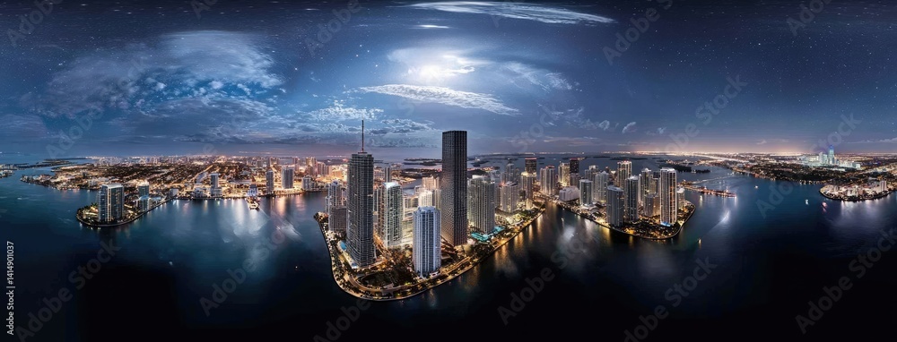 Skyline at night with illuminated skyscrapers and city lights showcasing modern urban architecture along the river
