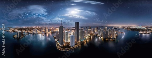 Obraz na płótnie Skyline at night with illuminated skyscrapers and city lights showcasing modern urban architecture along the river w salonie