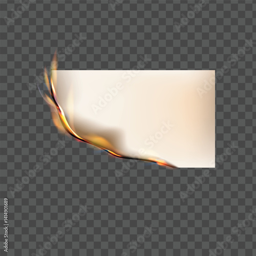 Paper corner burning, vector realistic flaming paper angle, ablaze sheet with fire and ash on transparent background