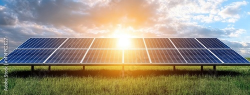 Solar panels harnessing renewable energy in an open field under a bright blue sky, promoting sustainable power solutions