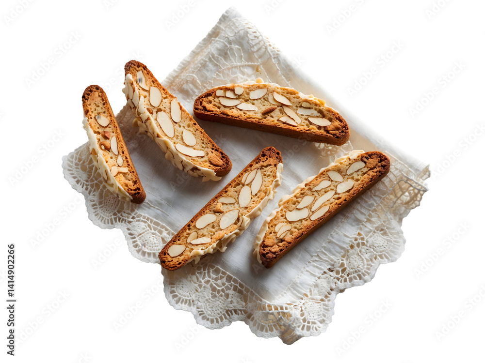 Elegant almond biscotti arrangement on a delicate lace napkin presented on an isolated setting, showcasing the biscotti's texture and almond accents