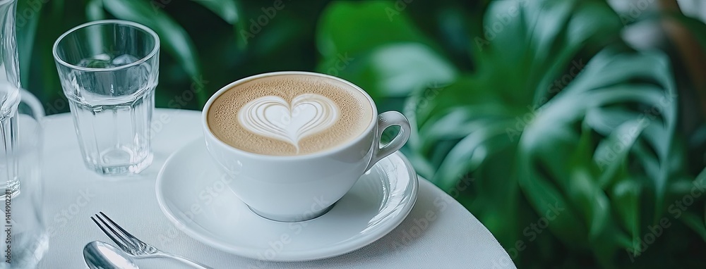 Cappuccino with heart latte art on a plate at an outdoor cafe table during an evening dinner party with garden lights