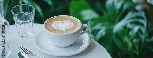Obraz na płótnie Cappuccino with heart latte art on a plate at an outdoor cafe table during an evening dinner party with garden lights w salonie