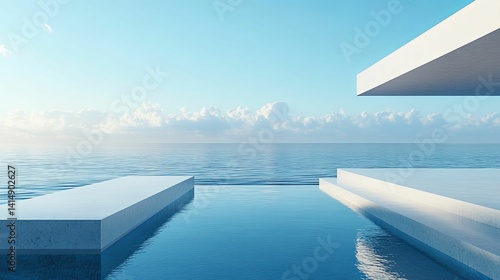 Modern architectural pool design overlooking a tranquil ocean.