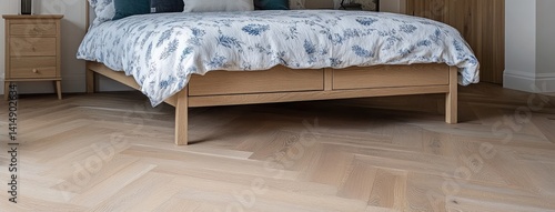 Solid wood bed with three drawers and floral quilt on light brown wooden floor in cozy bedroom setting