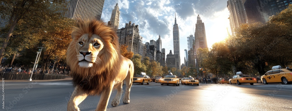 Lion in a tailored suit strolls through bustling City streets at sunset