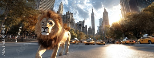Obraz na płótnie Lion in a tailored suit strolls through bustling City streets at sunset w salonie
