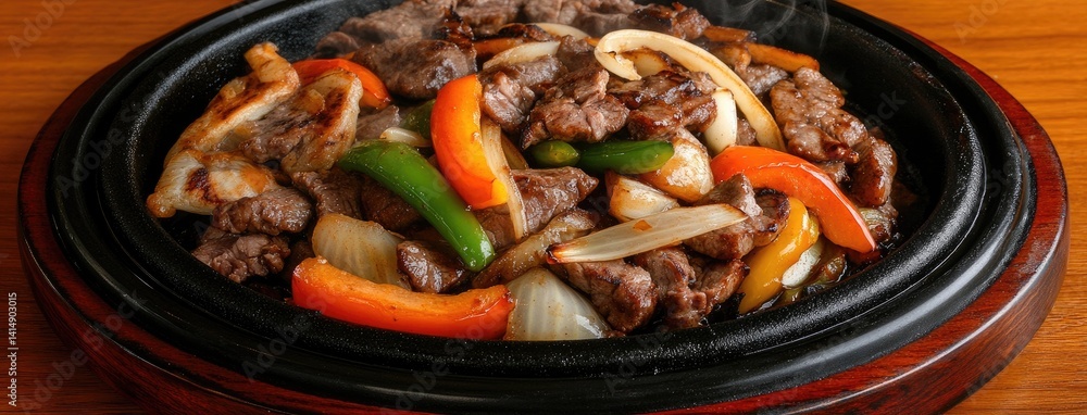 Sizzling beef with vibrant bell peppers served in a black bowl, perfect for a colorful culinary treat