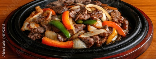 Obraz na płótnie Sizzling beef with vibrant bell peppers served in a black bowl, perfect for a colorful culinary treat w salonie