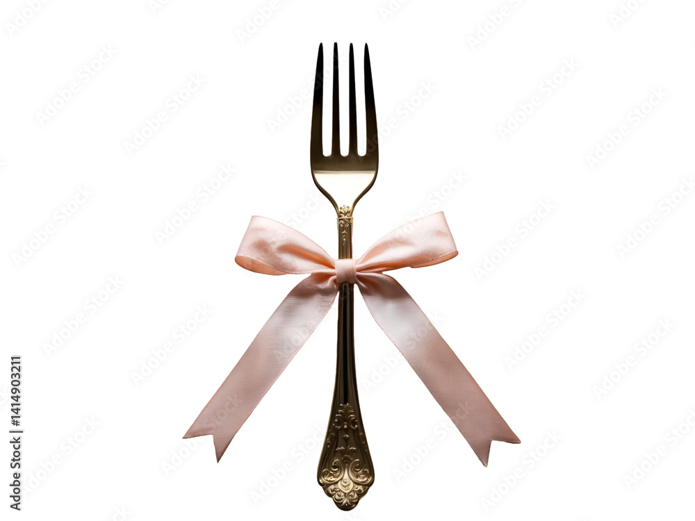 Elegant decorative cake fork adorned with a soft pink ribbon, presented on a clean isolated setting for a touch of sophistication and refinement perfect for elegant presentations