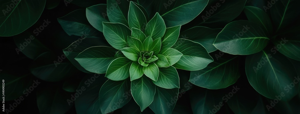 Lush green flower composed of delicate leaves, captured from above against a dark garden backdrop