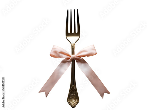 Obraz na płótnie Elegant decorative cake fork adorned with a soft pink ribbon, presented on a clean isolated setting for a touch of sophistication and refinement perfect for elegant presentations w salonie