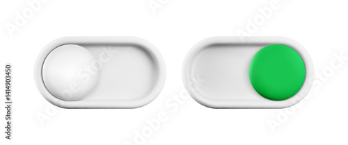 Vector cartoon 3d turn on and off switch button set. Cute realistic 3d grey toggle switch sliders with white and green button. Activate deactivate setting toggle design element for game, app interface