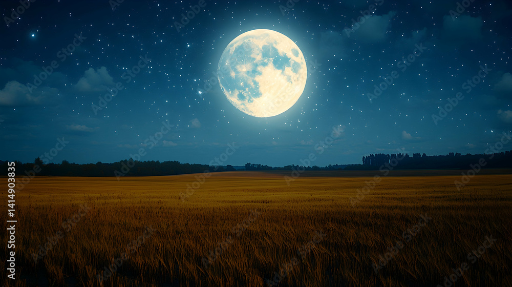 Fototapeta premium Moonlit field under a starry night sky creates a peaceful and tranquil scene with a field of grass waving