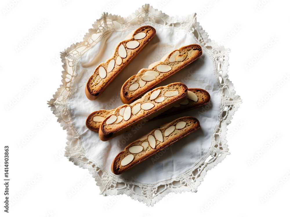 Elegant almond biscotti arrangement on a delicate lace napkin, showcasing the texture and warmth of Italian confectionery, perfect for culinary themes or cozy treat depictions