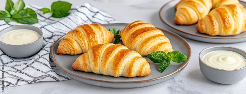 Golden-brown croissants arranged in an orderly pattern showcasing delicate crust and creamy texture captured from above
