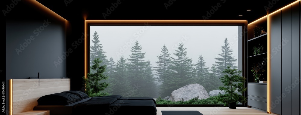 Minimalist bedroom overlooking serene mountainous landscapes with floor-to-ceiling windows and natural rock walls