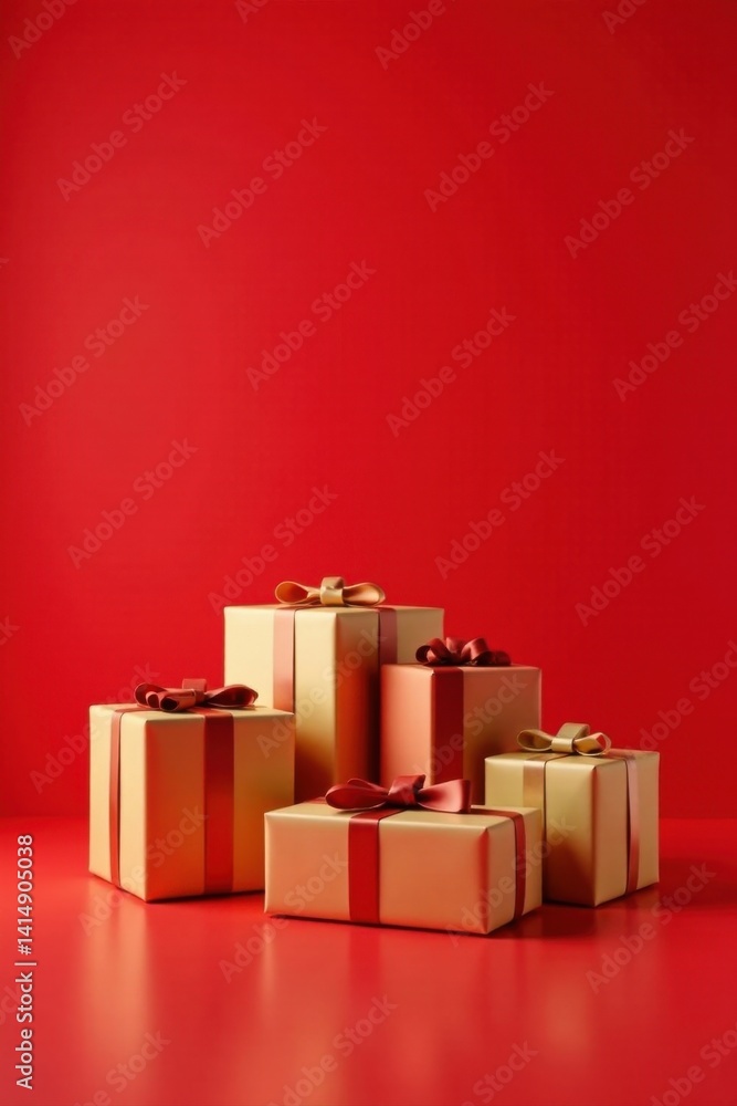Fototapeta premium A Festive Arrangement of Gold Gift Boxes with Red Ribbons on a Red Background