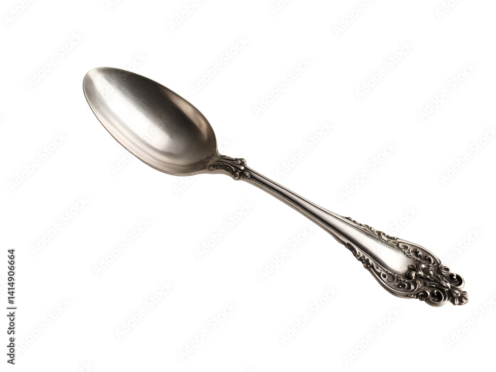 Elegant Silver Teaspoon with Ornate Handle, A Timeless Piece of Utensil Craftsmanship Showcasing Intricate Details and Reflective Surface Against a Plain Isolated Setting