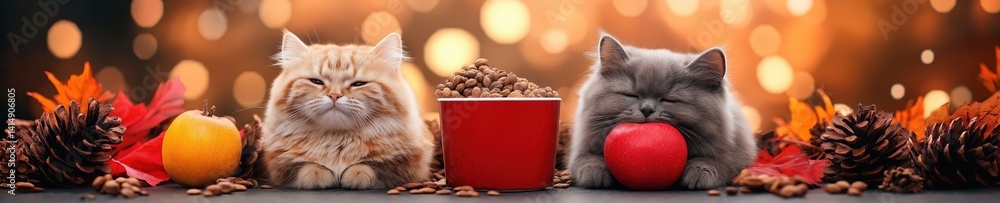 Cute cats enjoying food and autumn decorations in a cozy indoor setting near colorful leaves and pine cones