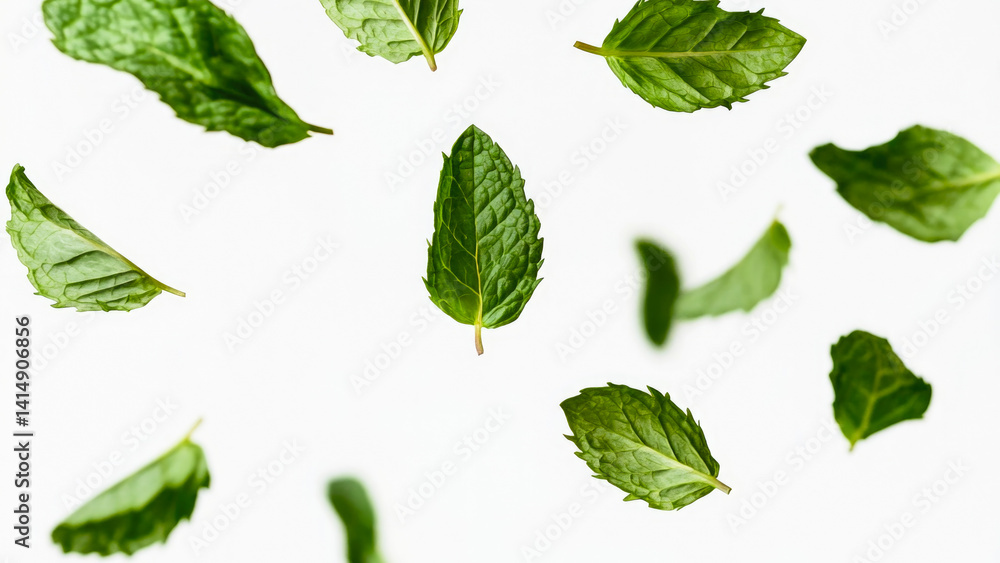 A group of green leaves suspended in mid-air, moving due to wind or air currents A group of green leaves suspended in mid-air, moving due to wind or air currents