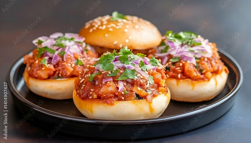 Spicy mini burgers with red onion and cilantro on a black plate Spicy mini burgers with red onion and cilantro on a black plate