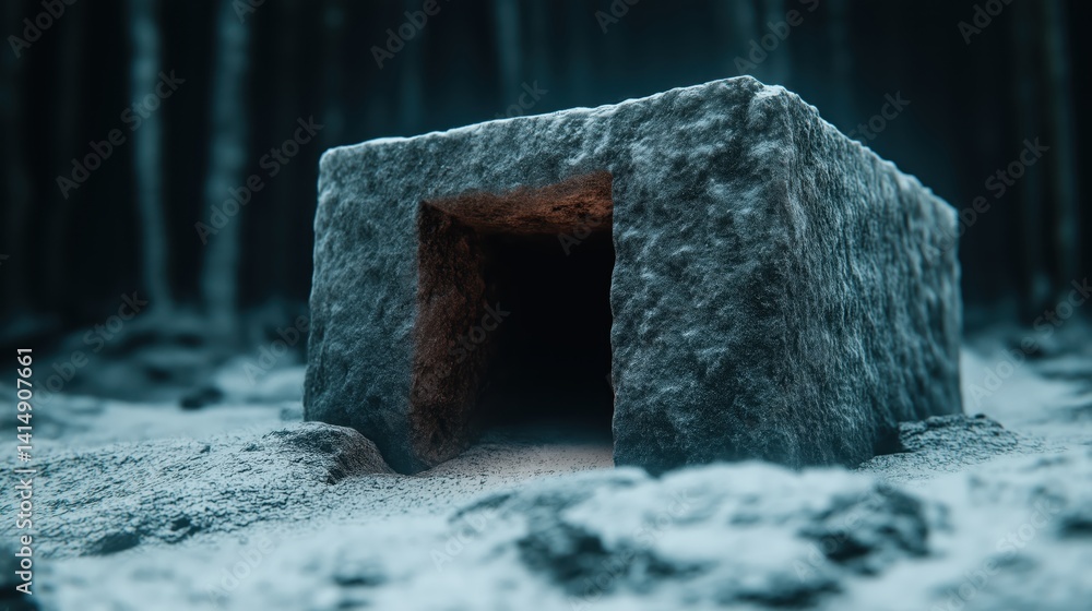 Mysterious stone structure found in a dark, foggy forest during twilight hours