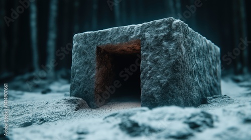 Obraz na płótnie Mysterious stone structure found in a dark, foggy forest during twilight hours w salonie