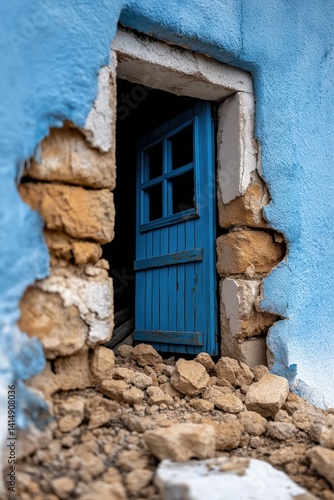 Obraz na płótnie Crumbling walls and debris highlight the neglected condition of a blue house in disrepair w salonie