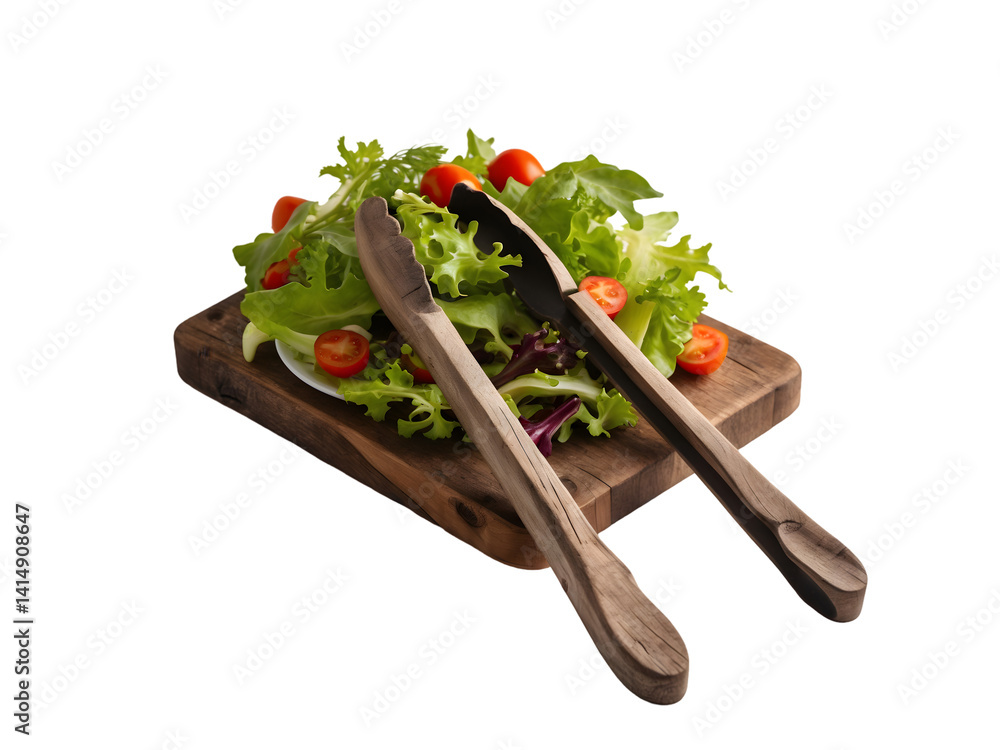 Elegant Salad Presentation, Rustic Wooden Tongs Displayed with Fresh Greens and Cherry Tomatoes on a Wooden Cutting Board in a Culinary Still Life