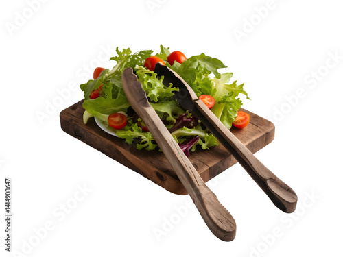 Obraz na płótnie Elegant Salad Presentation, Rustic Wooden Tongs Displayed with Fresh Greens and Cherry Tomatoes on a Wooden Cutting Board in a Culinary Still Life w salonie