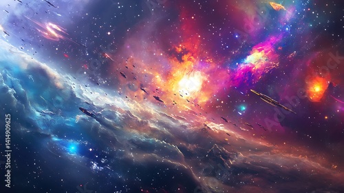 A colossal space elevator glows with futuristic tech, stretching from planet to orbital ring amid swirling stars and galactic brilliance.

