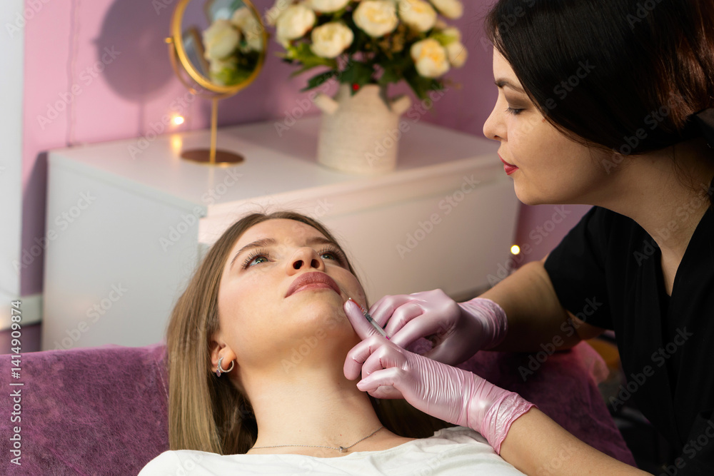 Specialist administers dermal chin filler in floral spa room. Aesthetic cosmetology. Lip Augmentation. Female client during procedure in beauty clinic Specialist administers dermal chin filler in floral spa room. Aesthetic cosmetology. Lip Augmentation. Female client during procedure in beauty clinic