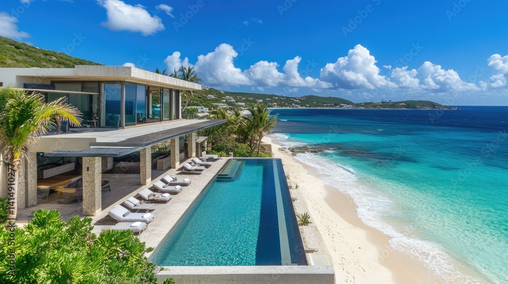 Fototapeta premium Luxury Beachfront Villa with Infinity Pool and Breathtaking Ocean Views