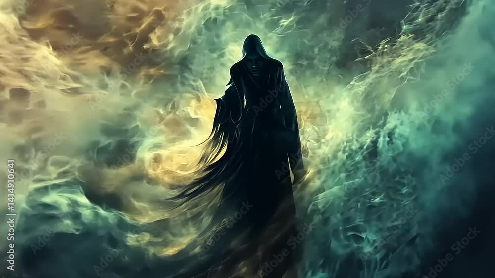 Mysterious figure shrouded in swirling ethereal mist Mysterious figure shrouded in swirling ethereal mist