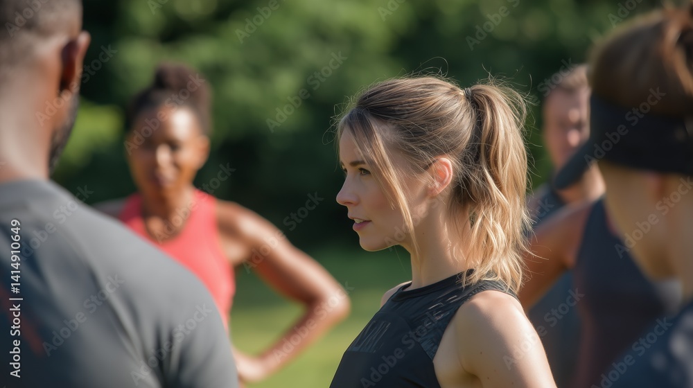 Outdoor fitness bootcamp with instructor leading a group in a park setting during a sunny day Outdoor fitness bootcamp with instructor leading a group in a park setting during a sunny day