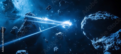 High-tech space elevator rises into a glowing orbital ring, surrounded by vibrant starfields and the mysterious hues of deep space.

