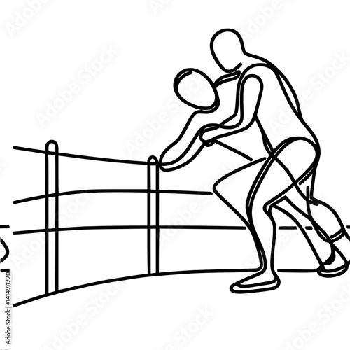Two wrestlers engaged in struggle during a match, single line vector  