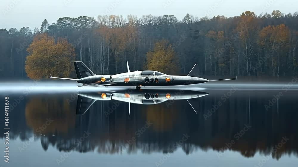 Futuristic aircraft lake takeoff autumn forest