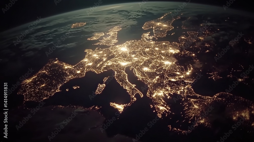 Illuminated nightscape of europe aerial view satellite imagery urban development global connectivity Illuminated nightscape of europe aerial view satellite imagery urban development global connectivity