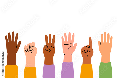 Diverse human hands raised with different finger gestures and skin tones showing inclusivity