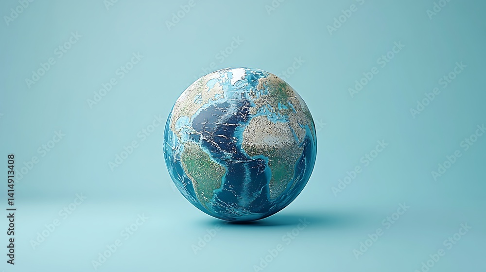 Globe with Continents and Oceans on Light Blue Background, A globe displaying continents and oceans against a light blue background Globe with Continents and Oceans on Light Blue Background, A globe displaying continents and oceans against a light blue background
