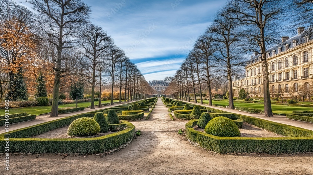 Fototapeta premium Neatly clipped hedges in geometric layouts lining pathways in a French formal garden
