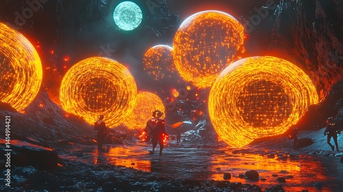 A radiant elevator pierces the sky, linking a planet to its orbital ring amid futuristic lights and celestial cosmic splendor.

